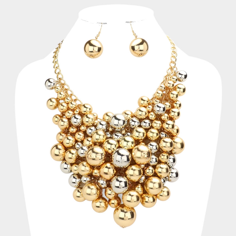 Two Tone Metal Ball Vine Cluster Bib Gold Necklace Set Chunky Beaded Jewelry